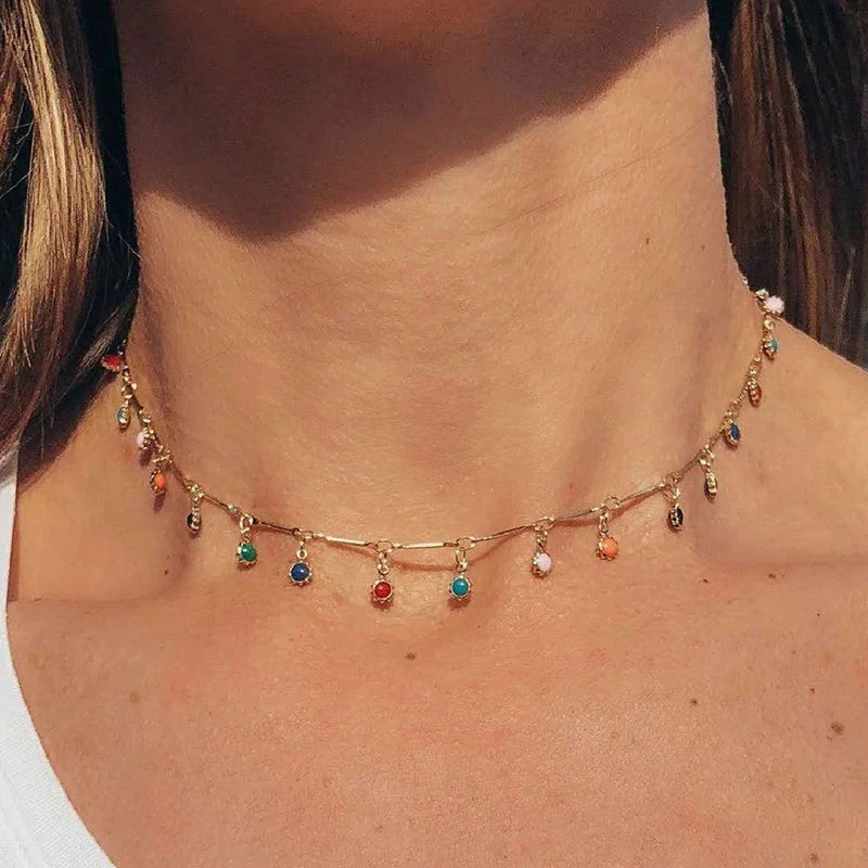 Collier Choker Doré & Pampilles Multicolores 