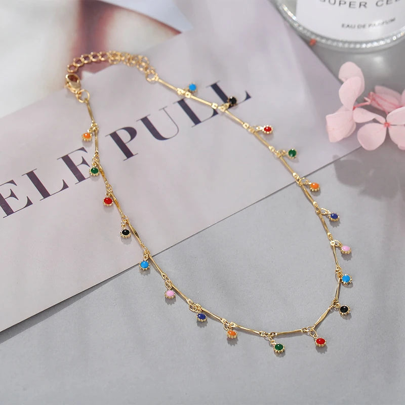 Collier Choker Doré & Pampilles Multicolores 