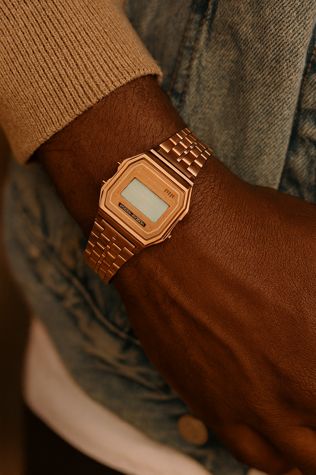 Montre digitale rétro unisexe finition or, cadran rectangulaire LED, bracelet en acier inoxydable chic.